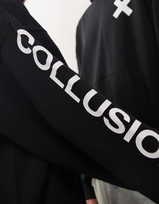 COLLUSION Unisex – Czarna bluza o pudełkowym kroju z kapturem i logo, 3 z 4