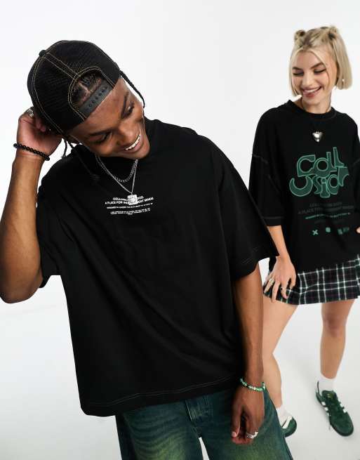 COLLUSION Unisex – Czarny dwustronny T-shirt z nadrukiem 