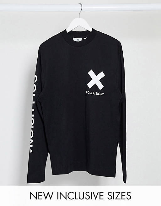COLLUSION Unisex – Czarny T-shirt z długim rękawem i logo
