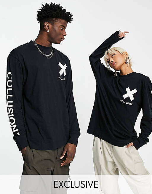 COLLUSION Unisex – Czarny t-shirt z logo i długim rękawem z bawełny organicznej