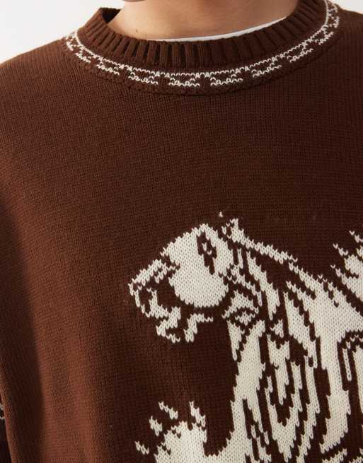 COLLUSION Unisex – Czekoladowobrązowy sweter z grafiką pantery, 3 z 4