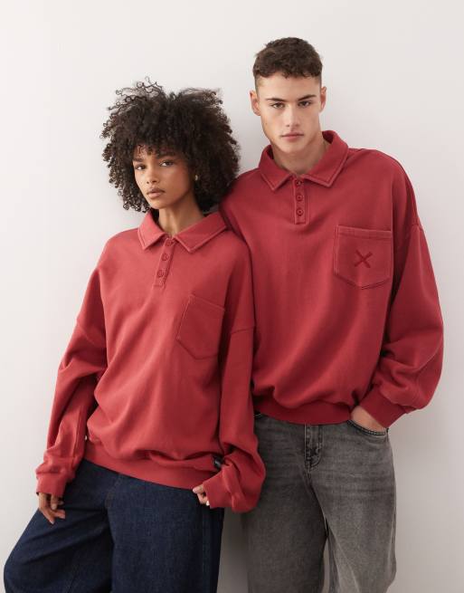 COLLUSION Unisex – Czerwona bluza z kołnierzykiem polo o pudełkowym kroju, 3 z 4