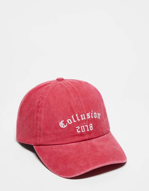 COLLUSION Unisex – Czerwona czapka z daszkiem, efektem sprania i uczelnianym logo
