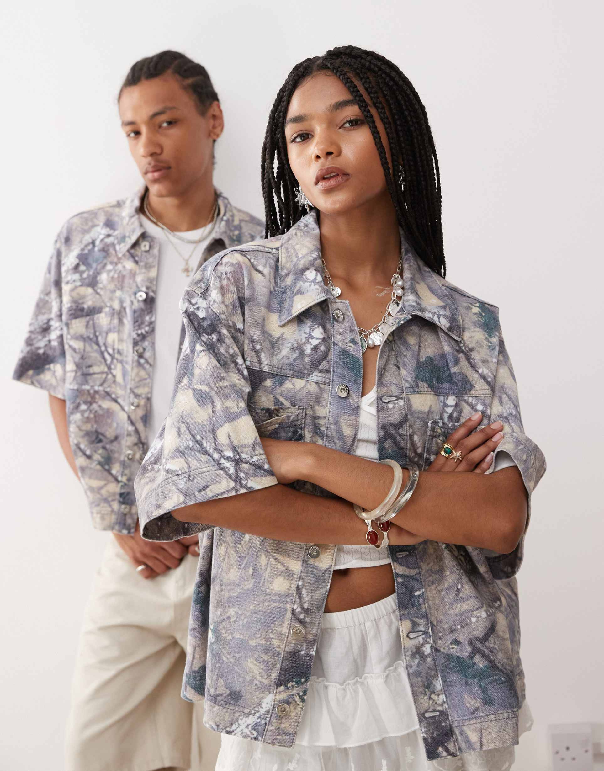 collusion unisex denim boxy shirt in camo print