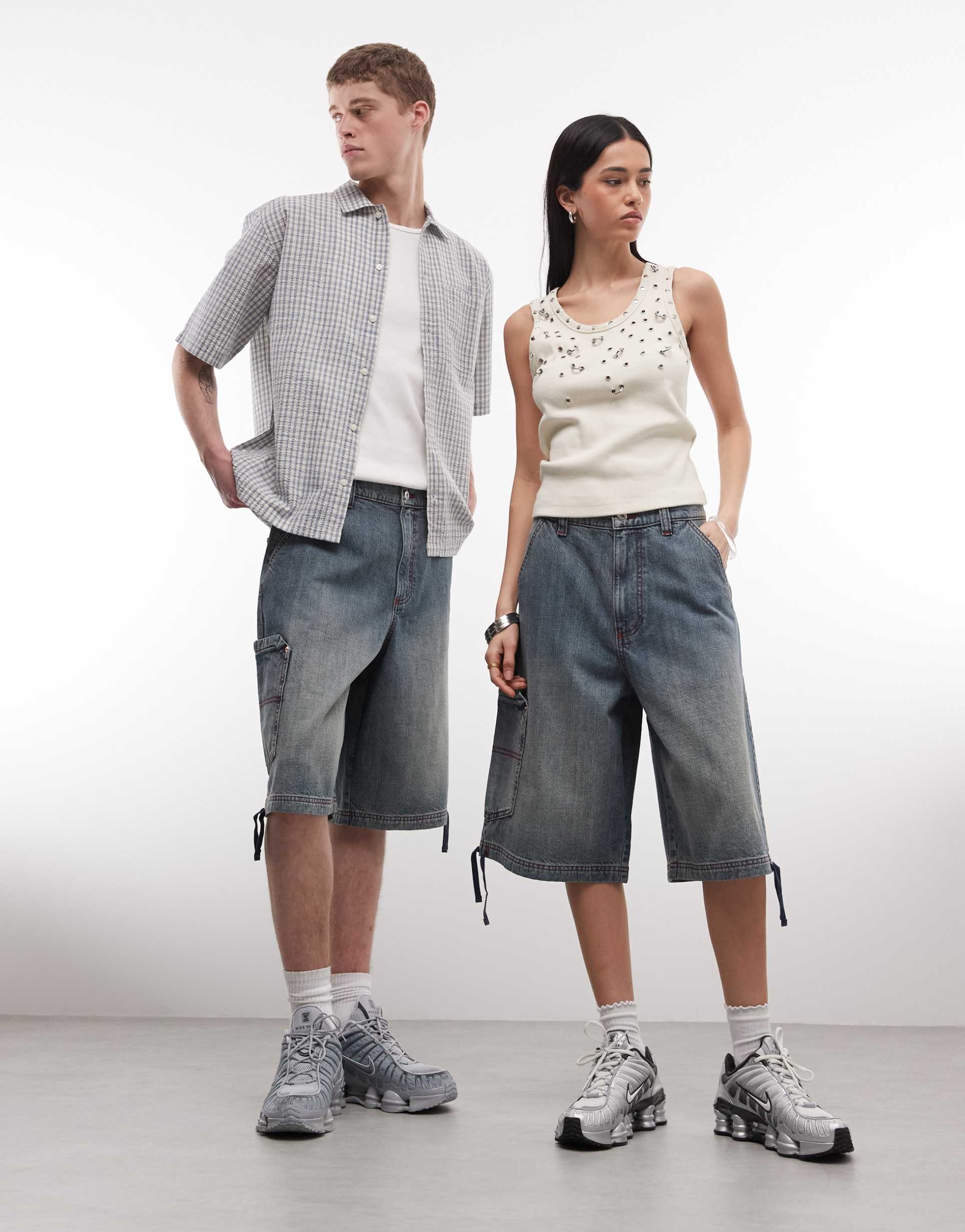 collusion unisex denim cargo shorts in light wash