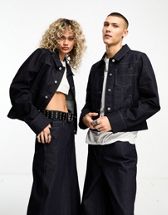 COLLUSION Y2K wash cropped denim jacket and jeans set in dark blue