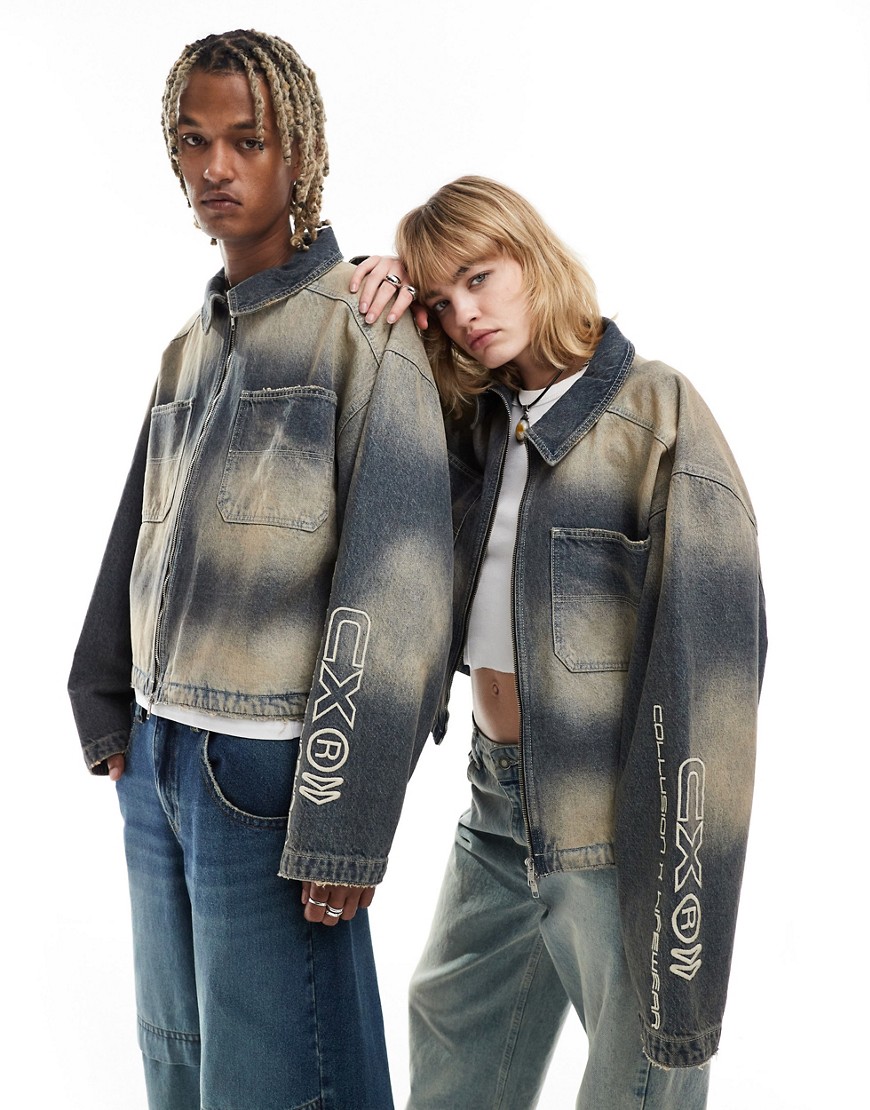 Collusion Unisex Denim Oversized Zip Up Carpenter Jacket In Gray Wash
