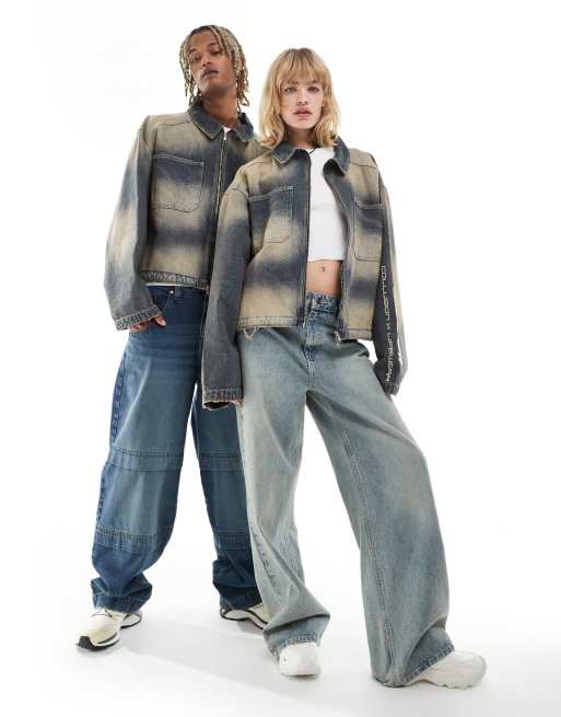 COLLUSION Unisex denim oversized zip up carpenter jacket in