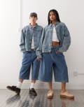 [Collusion] COLLUSION Unisex denim trucker jacket in stonewash-Blue S Stonewash