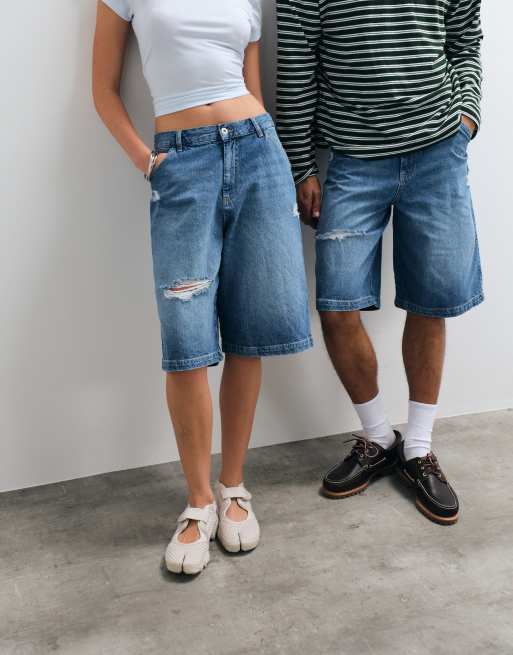 COLLUSION Unisex distressed jort in mid wash, 5 of 5