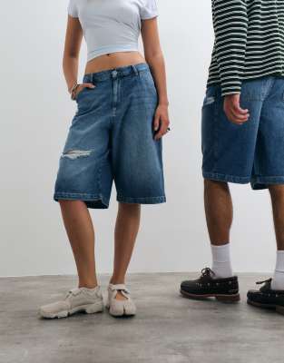 Collusion Unisex Distressed Jorts In Blue