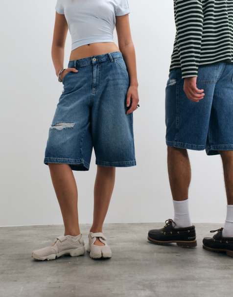 COLLUSION Unisex distressed jorts in mid wash - view 1