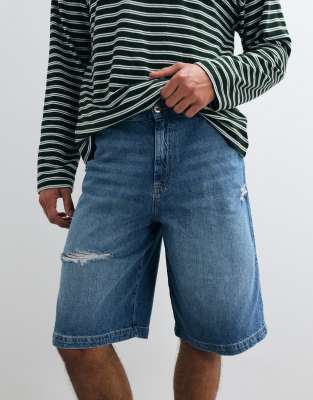 Collusion Unisex Distressed Jorts In Blue