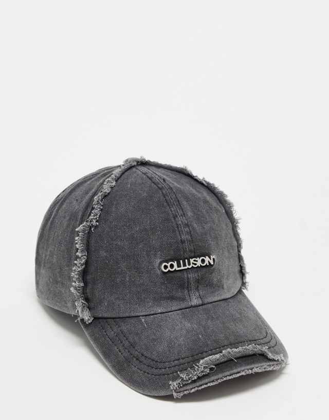 COLLUSION Unisex distressed logo cap in black acid wash