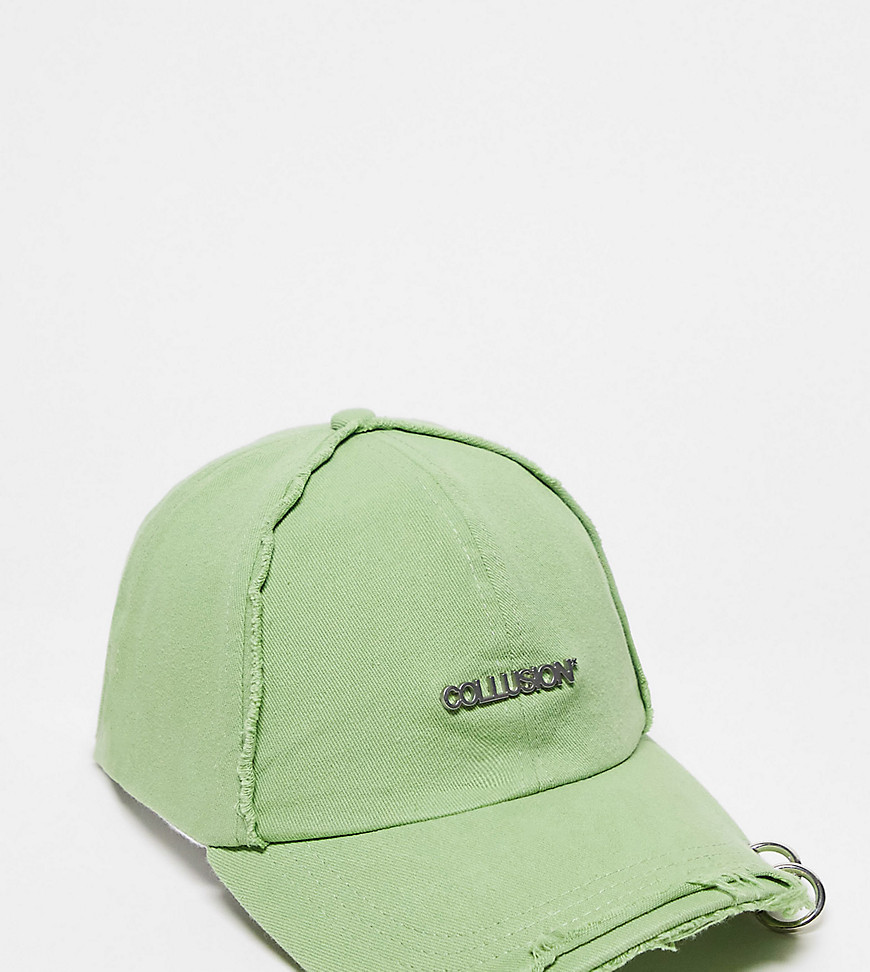 COLLUSION Unisex distressed logo cap with hardware details in khaki-Green