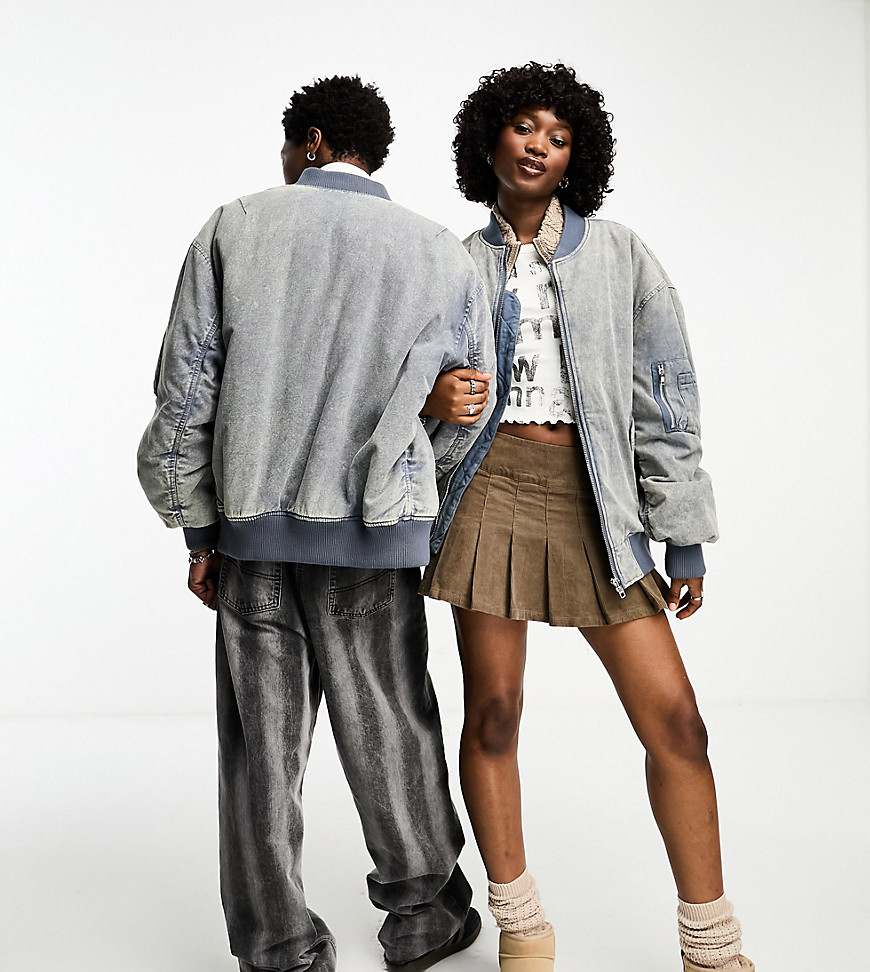 COLLUSION Unisex distressed washed oversized bomber jacket in denim blue-Neutral