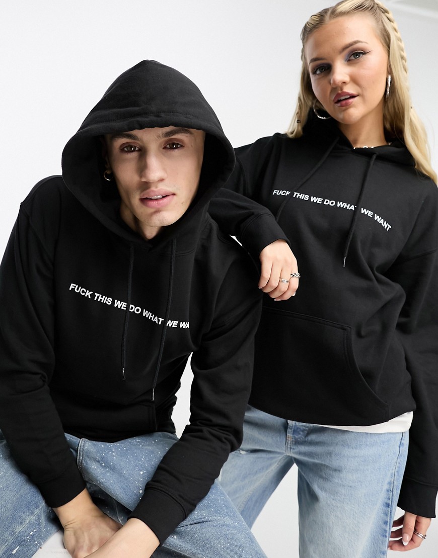 COLLUSION Unisex do what we want slogan hoodie in black-Blue