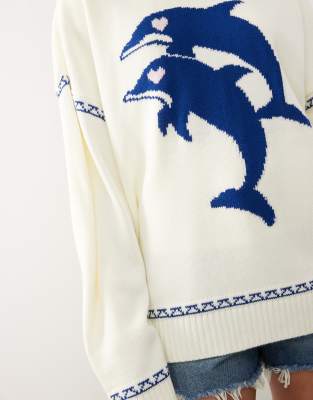 Collusion Unisex Dolphin Print Knit Boxy Sweater-neutral