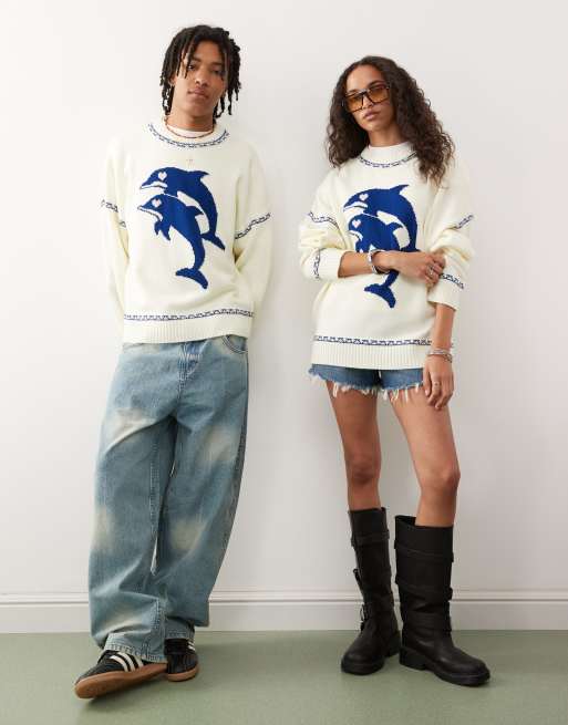 COLLUSION Unisex dolphin print knit boxy sweater, 3 of 4
