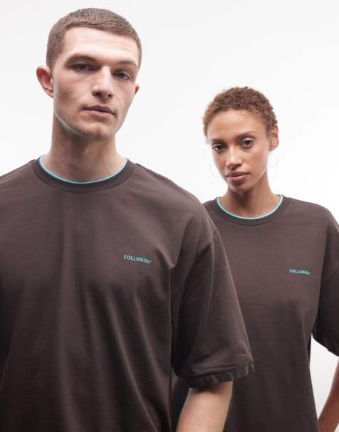 COLLUSION Unisex double layer boxy t-shirt in brown - view 1