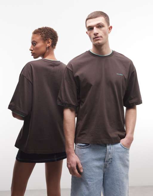 COLLUSION Unisex double layer boxy T-shirt in brown, 3 of 4