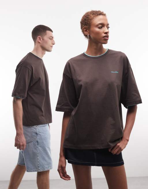COLLUSION Unisex double layer boxy T-shirt in brown, 4 of 4