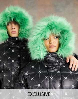COLLUSION Unisex longline printed puffer coat with faux fur hood - ASOS Price Checker