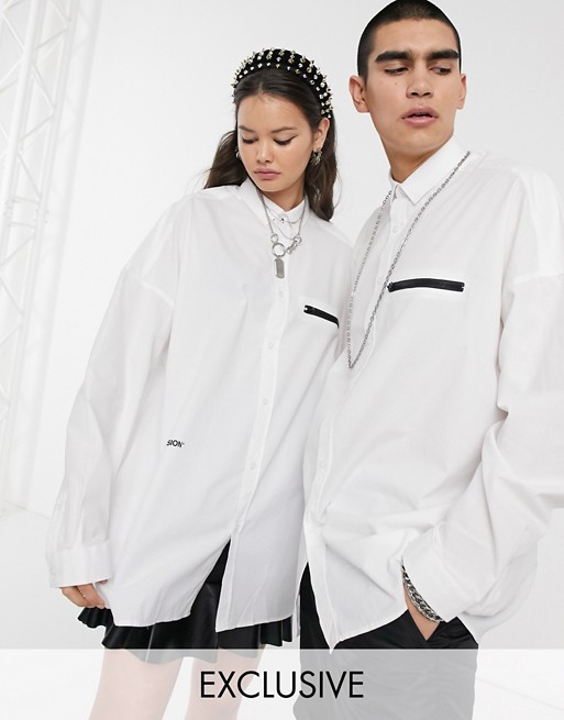 COLLUSION Unisex drop shoulder oversized shirt in white