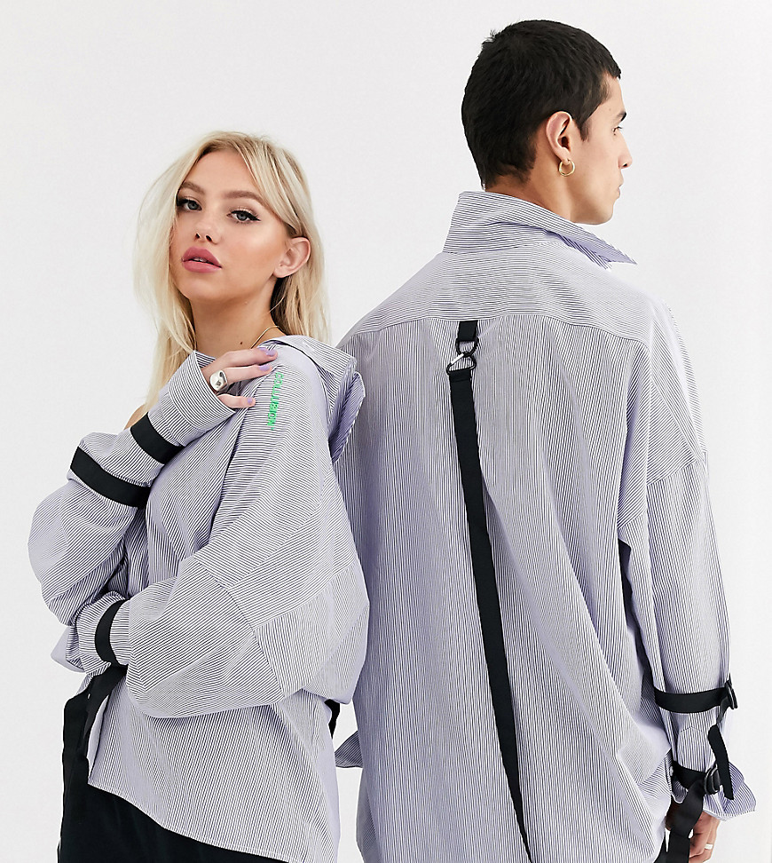 COLLUSION Unisex drop shoulder oversized stripe shirt with harness detail-White