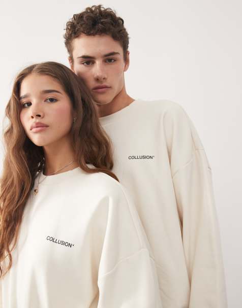 COLLUSION Unisex - Ecrufarvet sweatshirt med firkantet pasform og logoprint - view 1