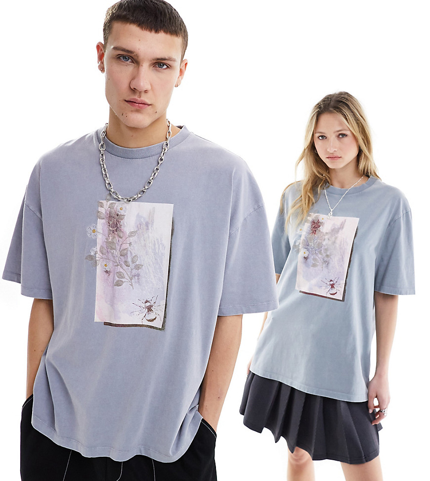 Collusion Unisex Embroidered Floral Photographic Print T-shirt In Washed Gray In Blue