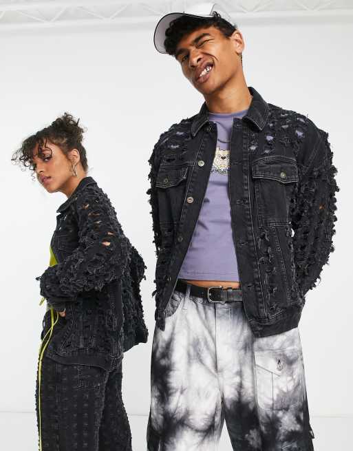 COLLUSION Unisex extreme rip denim jacket in washed black, 2 of 3