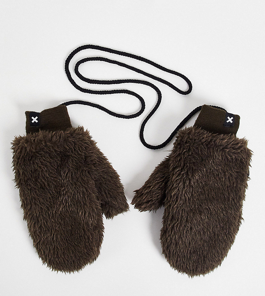 COLLUSION Unisex faux fur mittens in brown
