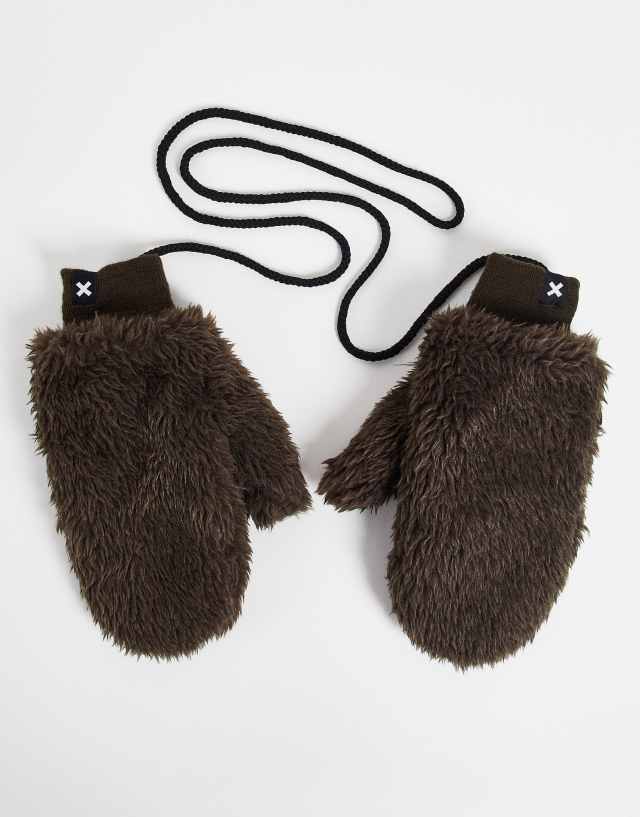 COLLUSION Unisex faux fur mittens in brown