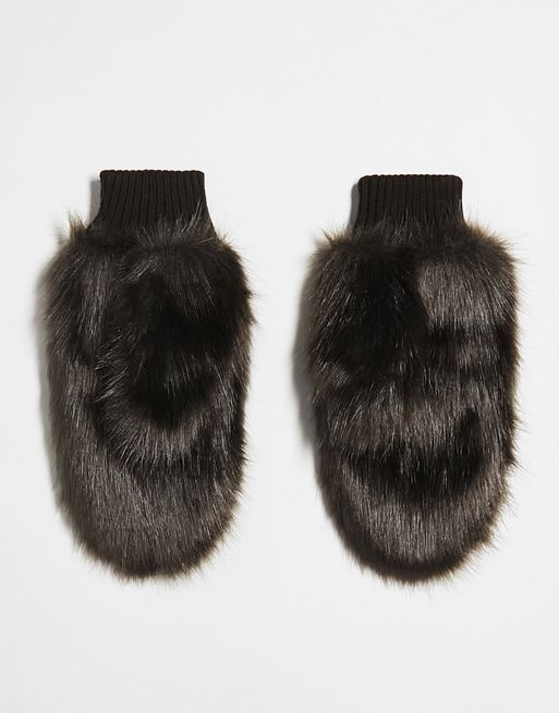 COLLUSION Unisex faux fur oversized mittens in brown