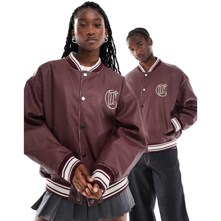 COLLUSION Unisex faux leather bomber jacket in burgundy | ASOS
