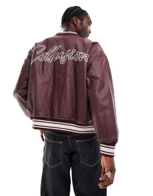 COLLUSION Unisex faux leather bomber jacket in burgundy ASOS