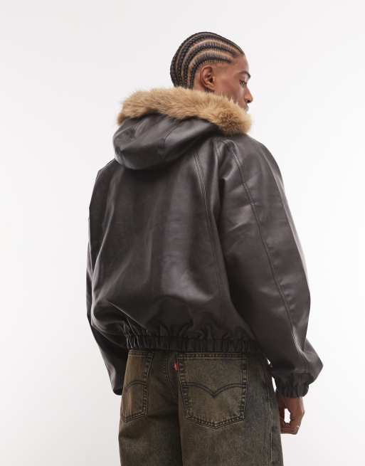 COLLUSION Unisex faux leather raglan bomber with hood, 4 of 4