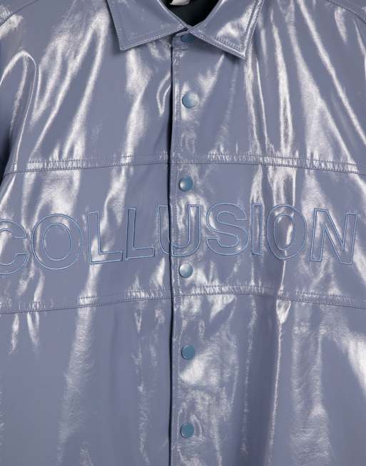 COLLUSION Unisex faux leather shirt with embroidery in blue - part of a set