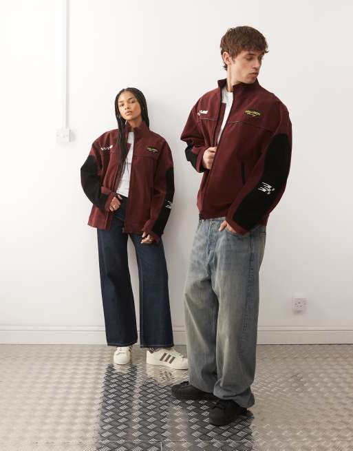 COLLUSION Unisex faux suede track jacket in burgundy and black, 2 of 4