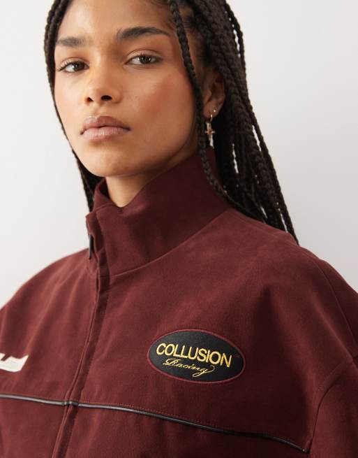 COLLUSION Unisex faux suede track jacket in burgundy and black, 3 of 4