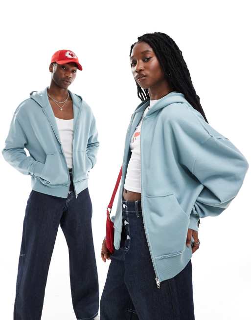 COLLUSION Unisex - Felpa con cappuccio blu ardesia con zip 