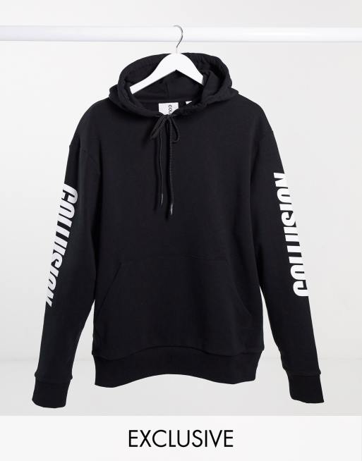 COLLUSION Unisex - Felpa con cappuccio nera con stampa
