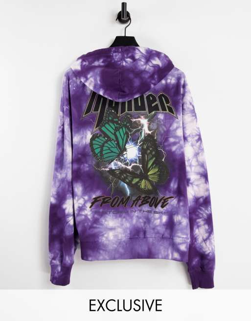COLLUSION Unisex - Felpa con cappuccio oversize effetto tie-dye viola con stampa con farfalla grunge