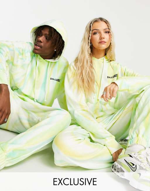 COLLUSION Unisex - Felpa con cappuccio tie-dye verde con ricamo in coordinato
