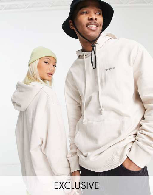 COLLUSION Unisex - Felpa écru con cappuccio e logo