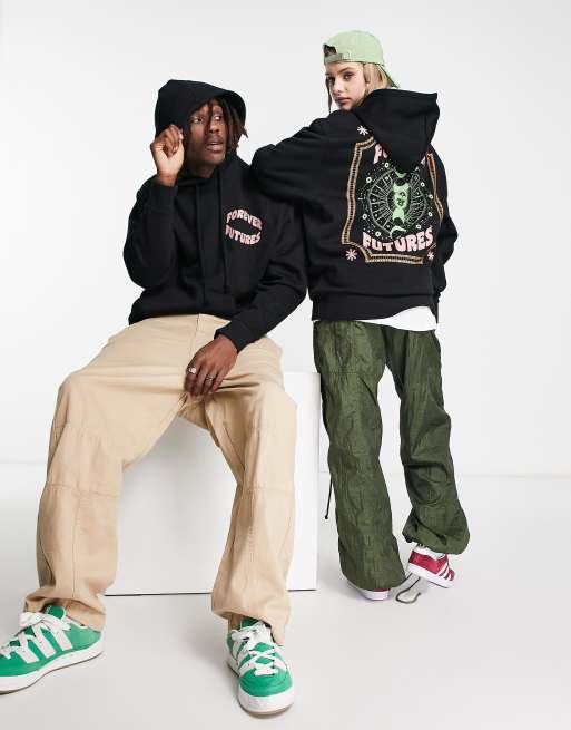 COLLUSION Unisex - Felpa nera con cappuccio e stampa sul retro 