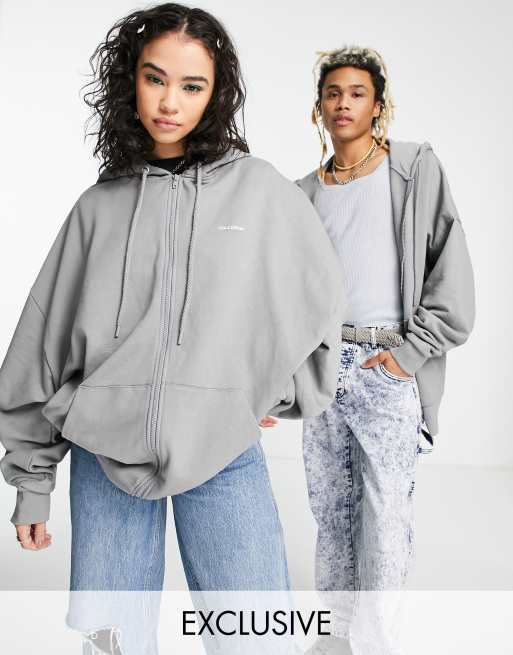 COLLUSION Unisex - Felpa oversize con cappuccio in tessuto pesante grigio con stampa e cerniera lampo