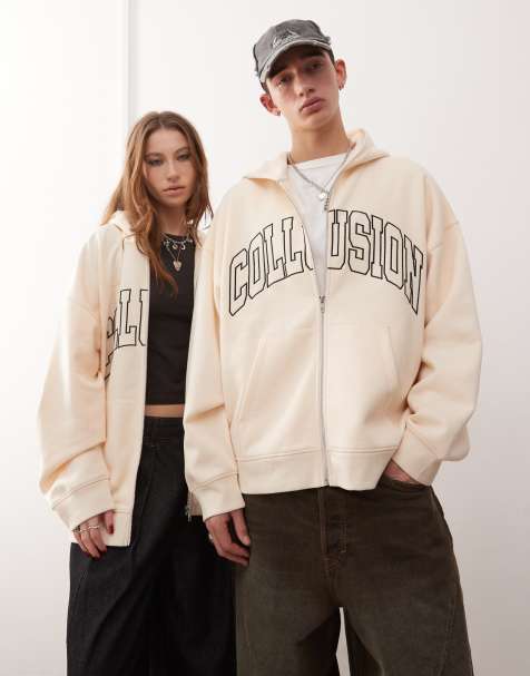 COLLUSION Unisex - Felpa stile college ricamata color écru con cappuccio e zip - view 1