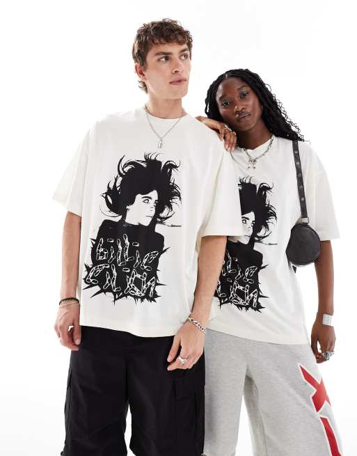 COLLUSION Unisex - Festival - Oversized T-shirt met Billie Ellish-print in stone, 4 van 4